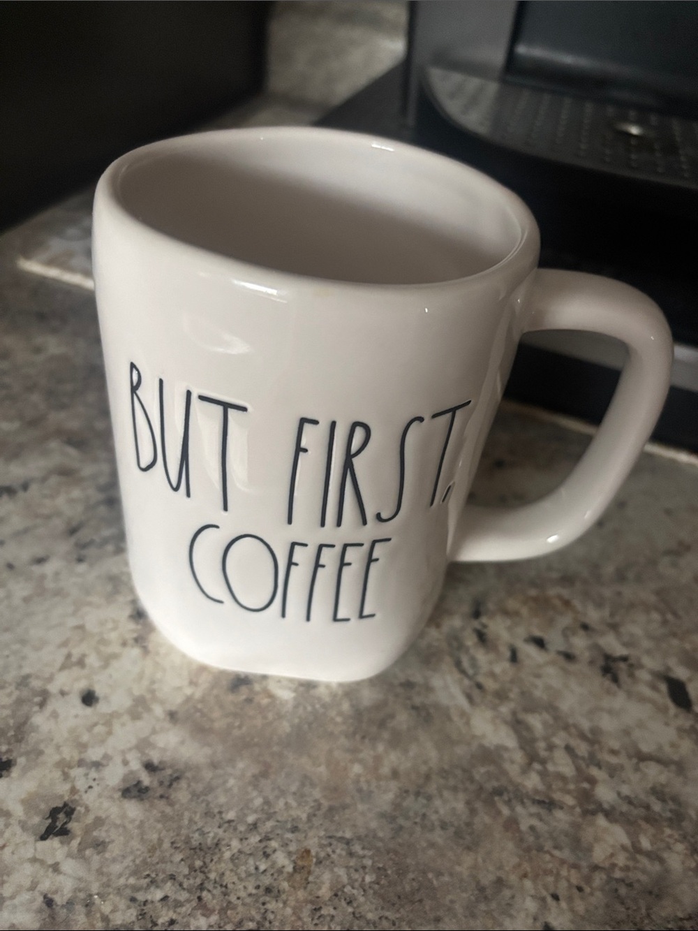 Rae Dunn White Ceramic Mug with Black Lettering - "But First, Coffee"